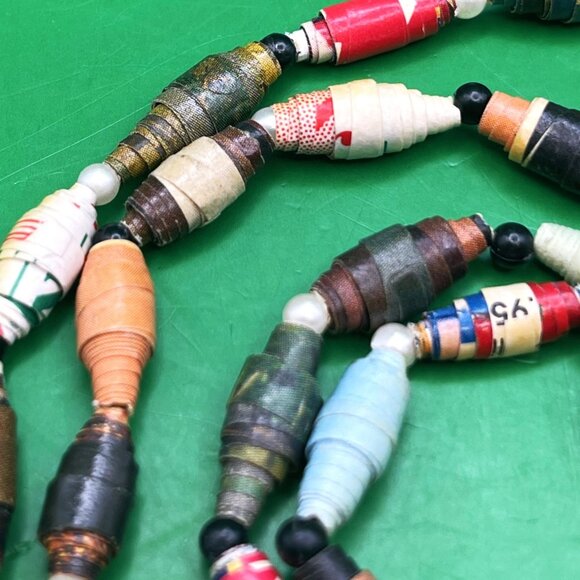 Handmade Rolled Paper Bead Necklace Long Continuous Strand Upcycled Bohemian - Picture 9 of 10